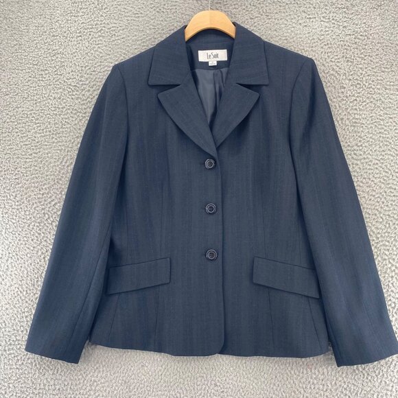 Le Suit Blazer Womens 12 Navy Shimmer Tonal Stripe Button Up Pockets Office Work - Picture 10 of 11
